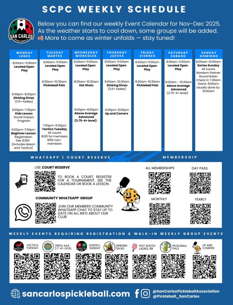 San Carlos Pickleball Club Calendar November December 2025